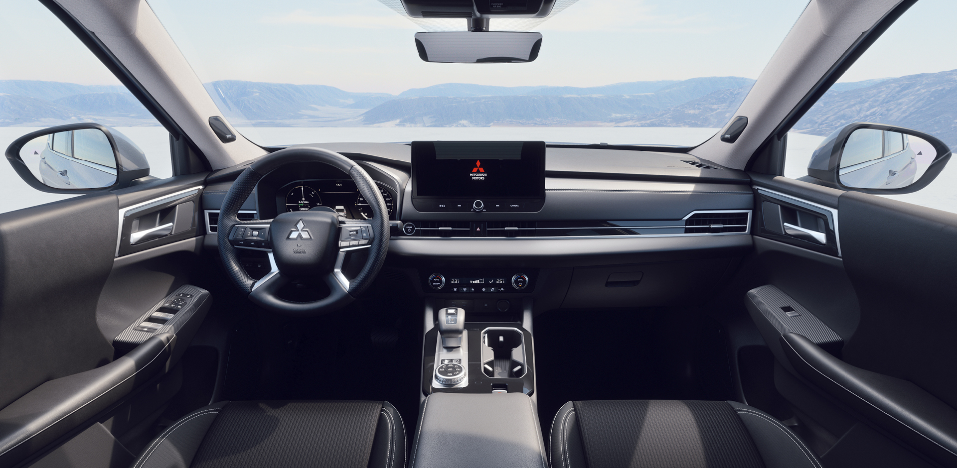 Mitsubishi Outlander Diamant Innenraum-Ansicht mit schwarzen Sitzen, digitalem Tacho und Infotainment-Display